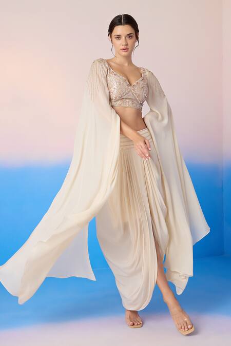 Shop Mirroir Beige Viscose, Crepe Sequins, Floral Embellished Blouse With Dhoti Pant Online at Aza Fashions Shop_Mirroir_Beige Viscose, Crepe Sequins, Floral Embellished Blouse With Dhoti Pant _Online_at_Aza_Fashions