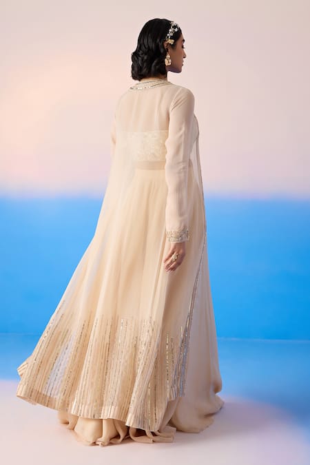 Shop Mirroir Beige Organza, Viscose Sequins, Crystals Embellished Border Cape Flared Pant Set at Aza Fashions Shop_Mirroir_Beige Organza, Viscose Sequins, Crystals Embellished Border Cape Flared Pant Set _at_Aza_Fashions