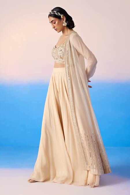 Mirroir Beige Organza, Viscose Sequins, Crystals Embellished Border Cape Flared Pant Set Online at Aza Fashions Mirroir_Beige Organza, Viscose Sequins, Crystals Embellished Border Cape Flared Pant Set _Online_at_Aza_Fashions