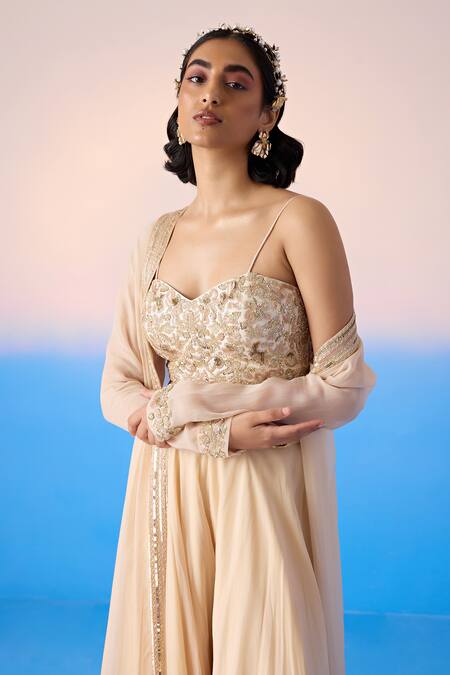 Buy Mirroir Beige Organza, Viscose Sequins, Crystals Embellished Border Cape Flared Pant Set Online at Aza Fashions Buy_Mirroir_Beige Organza, Viscose Sequins, Crystals Embellished Border Cape Flared Pant Set _Online_at_Aza_Fashions