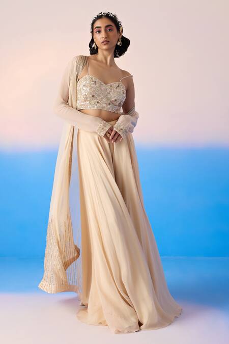 Shop Mirroir Beige Organza, Viscose Sequins, Crystals Embellished Border Cape Flared Pant Set Online at Aza Fashions Shop_Mirroir_Beige Organza, Viscose Sequins, Crystals Embellished Border Cape Flared Pant Set _Online_at_Aza_Fashions