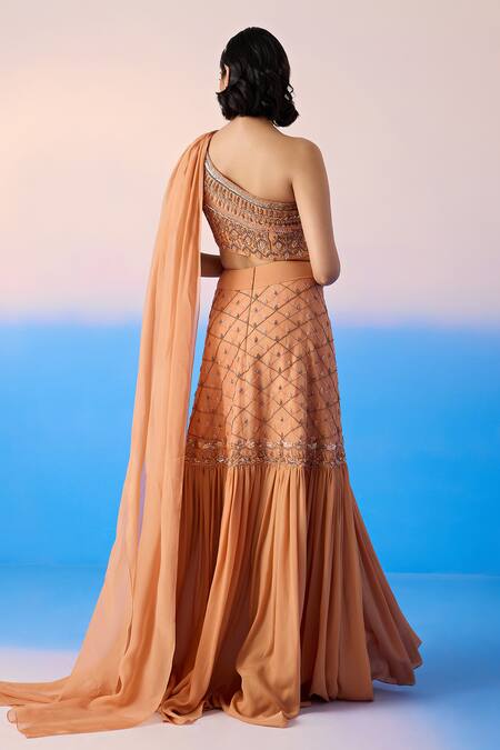 Shop_Mirroir_Peach Organza Embellished Sequin One Floral Blouse With Draped Skirt  _at_Aza_Fashions