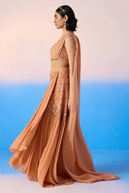 Buy_Mirroir_Peach Organza Embellished Sequin One Floral Blouse With Draped Skirt  _Online_at_Aza_Fashions