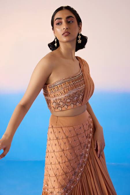 Shop_Mirroir_Peach Organza Embellished Sequin One Floral Blouse With Draped Skirt  _Online_at_Aza_Fashions