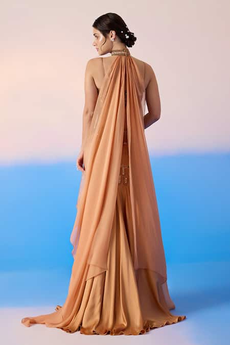 Shop_Mirroir_Peach Viscose, Organza, Satin Crystals, Scallop Embellished Mermaid Lehenga Set _at_Aza_Fashions