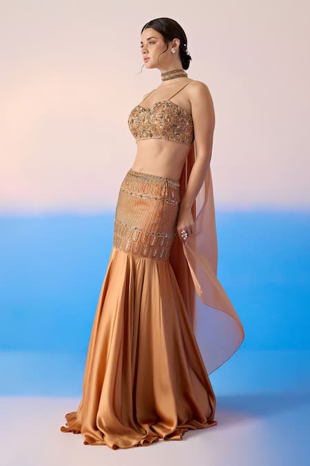 Mirroir_Peach Viscose, Organza, Satin Crystals, Scallop Embellished Mermaid Lehenga Set _Online_at_Aza_Fashions