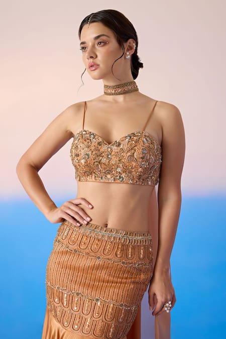 Buy_Mirroir_Peach Viscose, Organza, Satin Crystals, Scallop Embellished Mermaid Lehenga Set _Online_at_Aza_Fashions