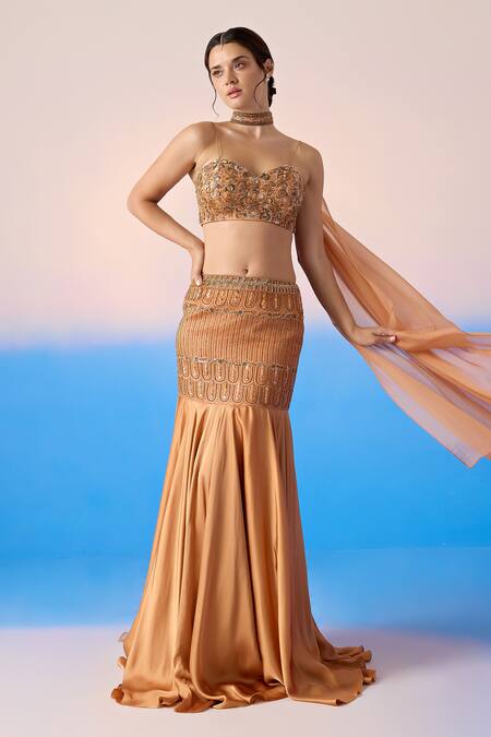 Shop_Mirroir_Peach Viscose, Organza, Satin Crystals, Scallop Embellished Mermaid Lehenga Set _Online_at_Aza_Fashions