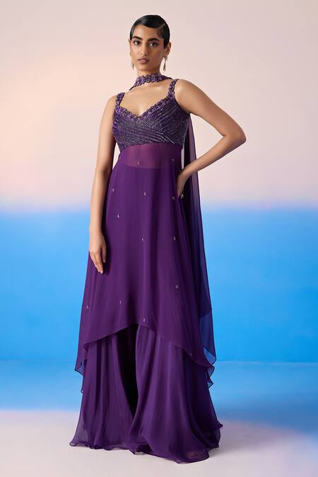 Mirroir_Purple Viscose, Crepe, Organza Sequins, Floral Embellished Kurta Sharara Set _Online_at_Aza_Fashions