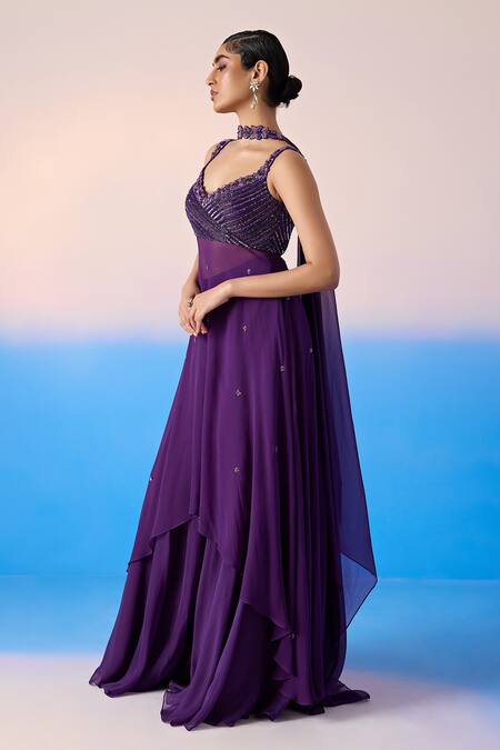 Buy_Mirroir_Purple Viscose, Crepe, Organza Sequins, Floral Embellished Kurta Sharara Set _Online_at_Aza_Fashions
