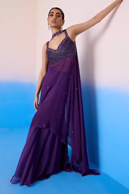 Shop_Mirroir_Purple Viscose, Crepe, Organza Sequins, Floral Embellished Kurta Sharara Set _Online_at_Aza_Fashions