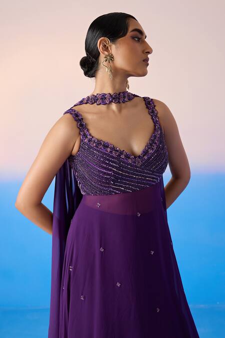Mirroir_Purple Viscose, Crepe, Organza Sequins, Floral Embellished Kurta Sharara Set _at_Aza_Fashions