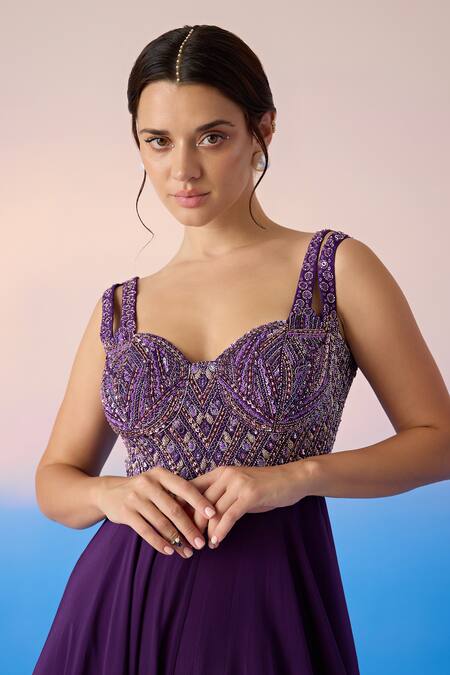 Shop_Mirroir_Purple Organza Embellished Sequin Sweetheart Floral Bodice Jumpsuit  _Online_at_Aza_Fashions