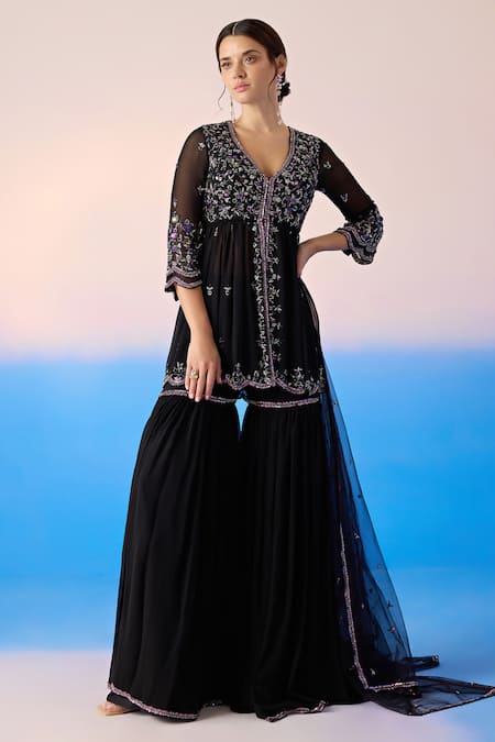 Mirroir Sequin Floral Embellished Peplum Kurta Sharara Set 