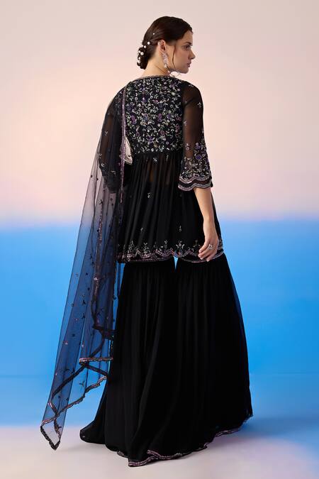 Shop Mirroir Black Net, Viscose, Georgette Floral Embellished Peplum Kurta Sharara Set at Aza Fashions Shop_Mirroir_Black Net, Viscose, Georgette Floral Embellished Peplum Kurta Sharara Set _at_Aza_Fashions