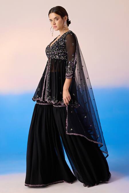 Buy Mirroir Black Net, Viscose, Georgette Floral Embellished Peplum Kurta Sharara Set Online at Aza Fashions Buy_Mirroir_Black Net, Viscose, Georgette Floral Embellished Peplum Kurta Sharara Set _Online_at_Aza_Fashions