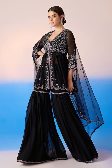 Shop Mirroir Black Net, Viscose, Georgette Floral Embellished Peplum Kurta Sharara Set Online at Aza Fashions Shop_Mirroir_Black Net, Viscose, Georgette Floral Embellished Peplum Kurta Sharara Set _Online_at_Aza_Fashions