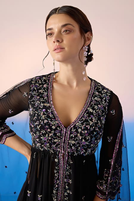 Mirroir Black Net, Viscose, Georgette Floral Embellished Peplum Kurta Sharara Set at Aza Fashions Mirroir_Black Net, Viscose, Georgette Floral Embellished Peplum Kurta Sharara Set _at_Aza_Fashions