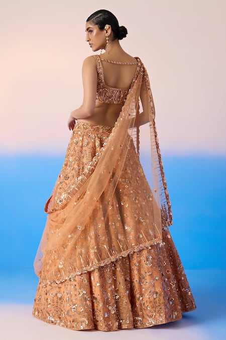 Shop Mirroir Peach Net, Satin, Organza Sequins, Floral Jaal Embellished Bridal Lehenga Set at Aza Fashions Shop_Mirroir_Peach Net, Satin, Organza Sequins, Floral Jaal Embellished Bridal Lehenga Set _at_Aza_Fashions