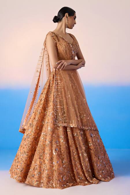 Buy Mirroir Peach Net, Satin, Organza Sequins, Floral Jaal Embellished Bridal Lehenga Set Online at Aza Fashions Buy_Mirroir_Peach Net, Satin, Organza Sequins, Floral Jaal Embellished Bridal Lehenga Set _Online_at_Aza_Fashions
