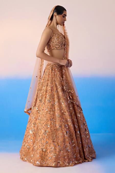 Shop Mirroir Peach Net, Satin, Organza Sequins, Floral Jaal Embellished Bridal Lehenga Set Online at Aza Fashions Shop_Mirroir_Peach Net, Satin, Organza Sequins, Floral Jaal Embellished Bridal Lehenga Set _Online_at_Aza_Fashions