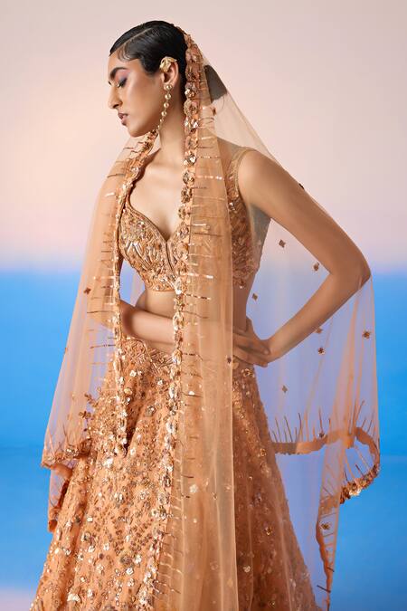 Mirroir Peach Net, Satin, Organza Sequins, Floral Jaal Embellished Bridal Lehenga Set at Aza Fashions Mirroir_Peach Net, Satin, Organza Sequins, Floral Jaal Embellished Bridal Lehenga Set _at_Aza_Fashions