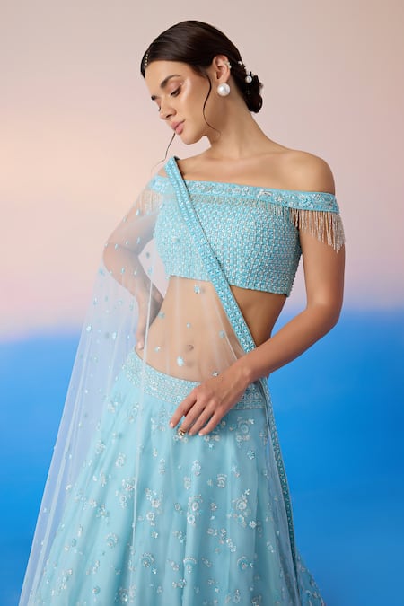 Mirroir Sky Blue Satin, Net, Organza Sequins, Floral Vine Embellished Lehenga Set Online at Aza Fashions Mirroir_Sky Blue Satin, Net, Organza Sequins, Floral Vine Embellished Lehenga Set _Online_at_Aza_Fashions