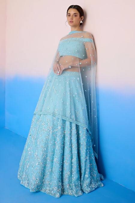 Buy Mirroir Sky Blue Satin, Net, Organza Sequins, Floral Vine Embellished Lehenga Set Online at Aza Fashions Buy_Mirroir_Sky Blue Satin, Net, Organza Sequins, Floral Vine Embellished Lehenga Set _Online_at_Aza_Fashions