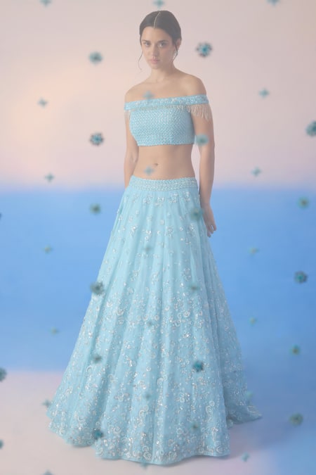 Shop Mirroir Sky Blue Satin, Net, Organza Sequins, Floral Vine Embellished Lehenga Set Online at Aza Fashions Shop_Mirroir_Sky Blue Satin, Net, Organza Sequins, Floral Vine Embellished Lehenga Set _Online_at_Aza_Fashions