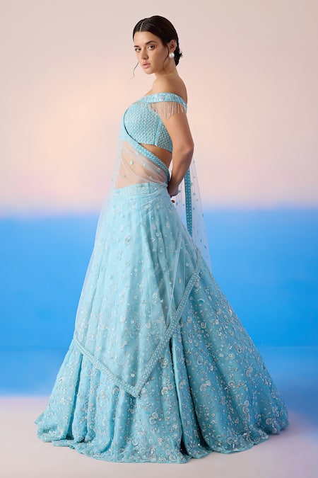 Buy Mirroir Sky Blue Satin, Net, Organza Sequins, Floral Vine Embellished Lehenga Set Buy_Mirroir_Sky Blue Satin, Net, Organza Sequins, Floral Vine Embellished Lehenga Set