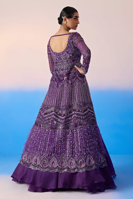 Shop Mirroir Purple Net, Satin, Organza Floral Blossom Embellished Jacket With Lehenga at Aza Fashions Shop_Mirroir_Purple Net, Satin, Organza Floral Blossom Embellished Jacket With Lehenga _at_Aza_Fashions
