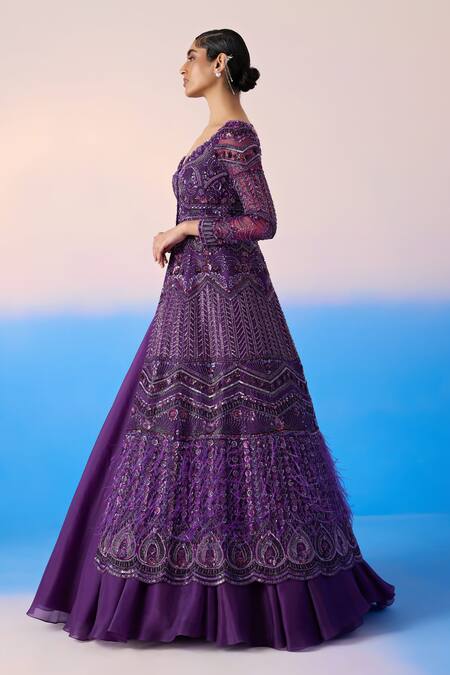 Mirroir Purple Net, Satin, Organza Floral Blossom Embellished Jacket With Lehenga Online at Aza Fashions Mirroir_Purple Net, Satin, Organza Floral Blossom Embellished Jacket With Lehenga _Online_at_Aza_Fashions