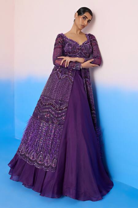Buy Mirroir Purple Net, Satin, Organza Floral Blossom Embellished Jacket With Lehenga Online at Aza Fashions Buy_Mirroir_Purple Net, Satin, Organza Floral Blossom Embellished Jacket With Lehenga _Online_at_Aza_Fashions