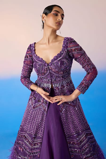 Shop Mirroir Purple Net, Satin, Organza Floral Blossom Embellished Jacket With Lehenga Online at Aza Fashions Shop_Mirroir_Purple Net, Satin, Organza Floral Blossom Embellished Jacket With Lehenga _Online_at_Aza_Fashions