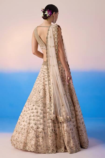 Shop Mirroir Beige Silk, Organza, Net Sequins, Floral Cluster Embellished Bridal Lehenga Set at Aza Fashions Shop_Mirroir_Beige Silk, Organza, Net Sequins, Floral Cluster Embellished Bridal Lehenga Set _at_Aza_Fashions