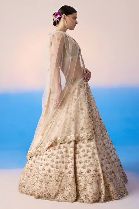 Mirroir Beige Silk, Organza, Net Sequins, Floral Cluster Embellished Bridal Lehenga Set Online at Aza Fashions Mirroir_Beige Silk, Organza, Net Sequins, Floral Cluster Embellished Bridal Lehenga Set _Online_at_Aza_Fashions