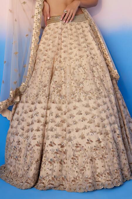 Mirroir Beige Silk, Organza, Net Sequins, Floral Cluster Embellished Bridal Lehenga Set at Aza Fashions Mirroir_Beige Silk, Organza, Net Sequins, Floral Cluster Embellished Bridal Lehenga Set _at_Aza_Fashions