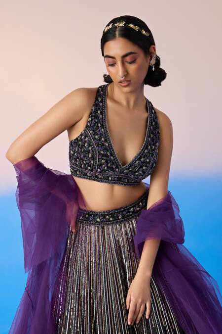Mirroir Black Net, Satin, Organza Sequins, Crystals Stripe Embellished Lehenga Set Online at Aza Fashions Mirroir_Black Net, Satin, Organza Sequins, Crystals Stripe Embellished Lehenga Set _Online_at_Aza_Fashions