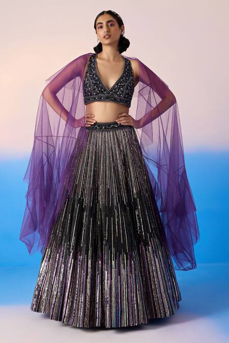Shop Mirroir Black Net, Satin, Organza Sequins, Crystals Stripe Embellished Lehenga Set Online at Aza Fashions Shop_Mirroir_Black Net, Satin, Organza Sequins, Crystals Stripe Embellished Lehenga Set _Online_at_Aza_Fashions