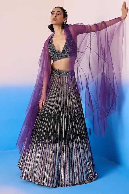 Mirroir Black Net, Satin, Organza Sequins, Crystals Stripe Embellished Lehenga Set at Aza Fashions Mirroir_Black Net, Satin, Organza Sequins, Crystals Stripe Embellished Lehenga Set _at_Aza_Fashions