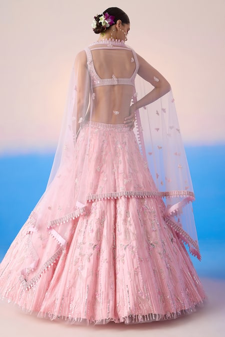 Shop Mirroir Pink Net, Satin Sequins, Crystals, Embroidery Floral Embellished Lehenga Set at Aza Fashions Shop_Mirroir_Pink Net, Satin Sequins, Crystals, Embroidery Floral Embellished Lehenga Set _at_Aza_Fashions