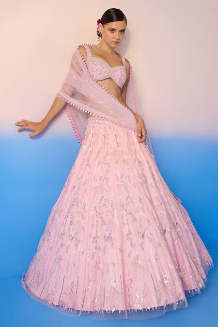 Mirroir Pink Net, Satin Sequins, Crystals, Embroidery Floral Embellished Lehenga Set at Aza Fashions Mirroir_Pink Net, Satin Sequins, Crystals, Embroidery Floral Embellished Lehenga Set _at_Aza_Fashions