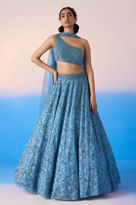 Mirroir Blue Satin, Viscose, Organza Sequins, Crystals Botanic Embellished Lehenga Set Online at Aza Fashions Mirroir_Blue Satin, Viscose, Organza Sequins, Crystals Botanic Embellished Lehenga Set _Online_at_Aza_Fashions