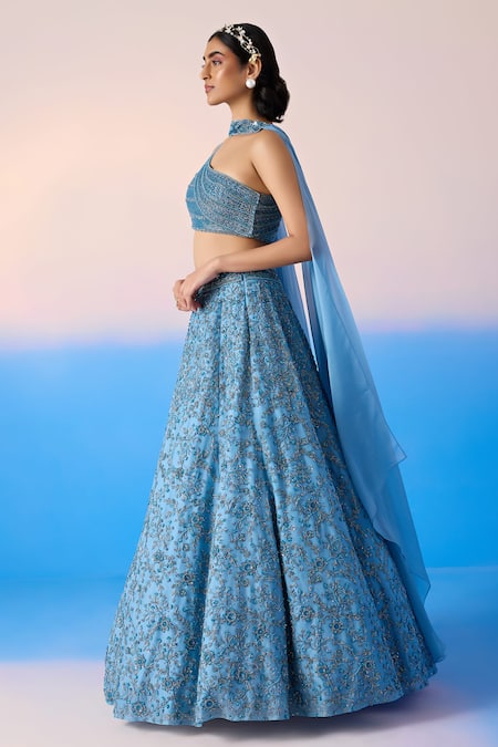 Shop Mirroir Blue Satin, Viscose, Organza Sequins, Crystals Botanic Embellished Lehenga Set Online at Aza Fashions Shop_Mirroir_Blue Satin, Viscose, Organza Sequins, Crystals Botanic Embellished Lehenga Set _Online_at_Aza_Fashions