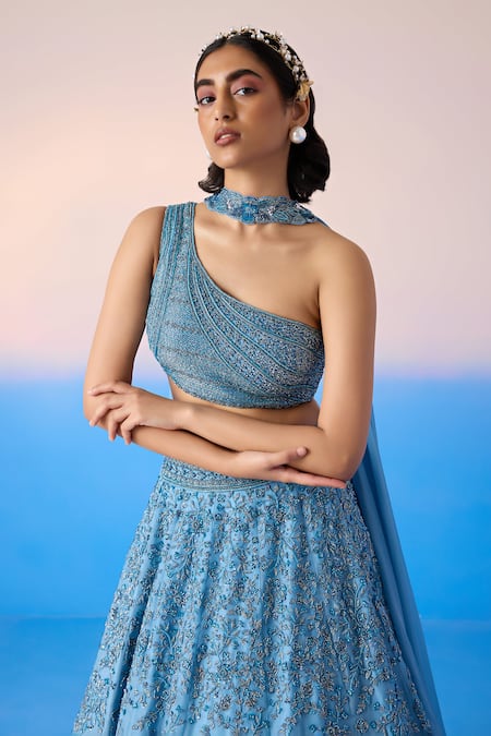 Mirroir Blue Satin, Viscose, Organza Sequins, Crystals Botanic Embellished Lehenga Set at Aza Fashions Mirroir_Blue Satin, Viscose, Organza Sequins, Crystals Botanic Embellished Lehenga Set _at_Aza_Fashions