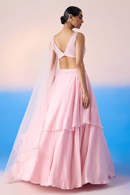Shop Mirroir Pink Net, Viscose Sequins, Floral Embellished Blouse Tiered Lehenga Set at Aza Fashions Shop_Mirroir_Pink Net, Viscose Sequins, Floral Embellished Blouse Tiered Lehenga Set _at_Aza_Fashions