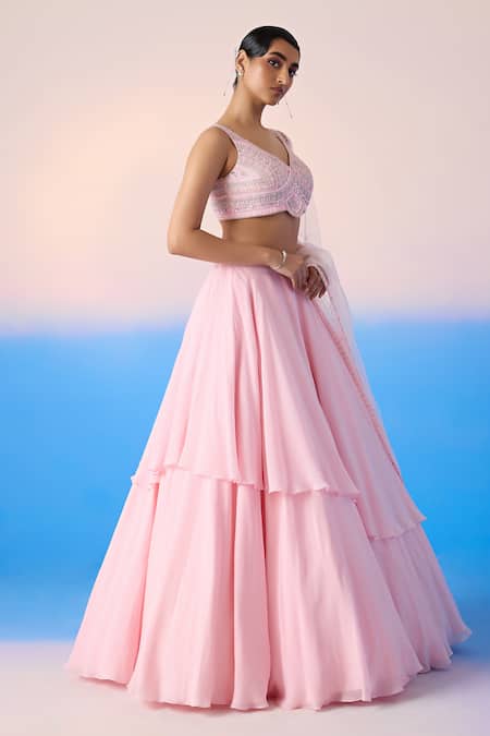 Mirroir Pink Net, Viscose Sequins, Floral Embellished Blouse Tiered Lehenga Set Online at Aza Fashions Mirroir_Pink Net, Viscose Sequins, Floral Embellished Blouse Tiered Lehenga Set _Online_at_Aza_Fashions