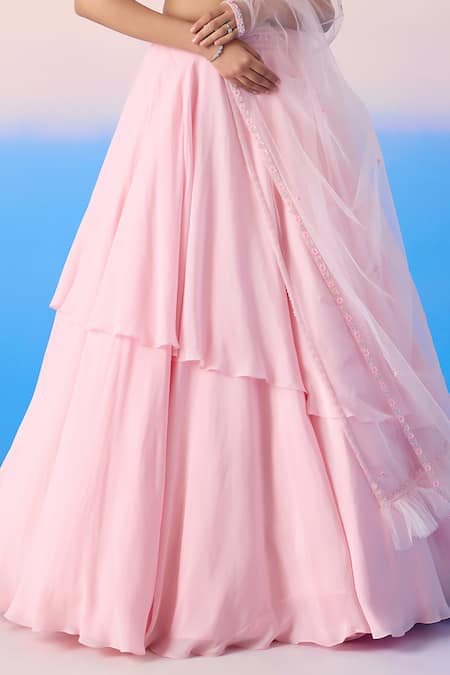 Buy Mirroir Pink Net, Viscose Sequins, Floral Embellished Blouse Tiered Lehenga Set Online at Aza Fashions Buy_Mirroir_Pink Net, Viscose Sequins, Floral Embellished Blouse Tiered Lehenga Set _Online_at_Aza_Fashions