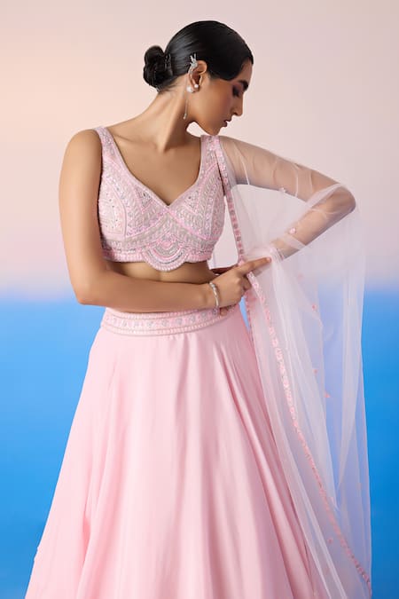 Shop Mirroir Pink Net, Viscose Sequins, Floral Embellished Blouse Tiered Lehenga Set Online at Aza Fashions Shop_Mirroir_Pink Net, Viscose Sequins, Floral Embellished Blouse Tiered Lehenga Set _Online_at_Aza_Fashions