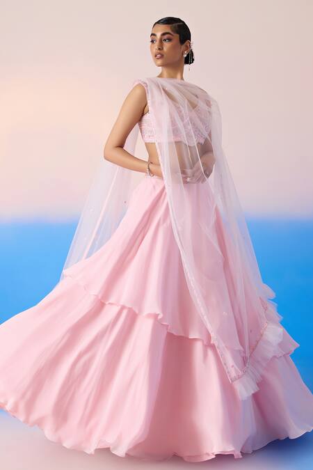 Buy Mirroir Pink Net, Viscose Sequins, Floral Embellished Blouse Tiered Lehenga Set Buy_Mirroir_Pink Net, Viscose Sequins, Floral Embellished Blouse Tiered Lehenga Set